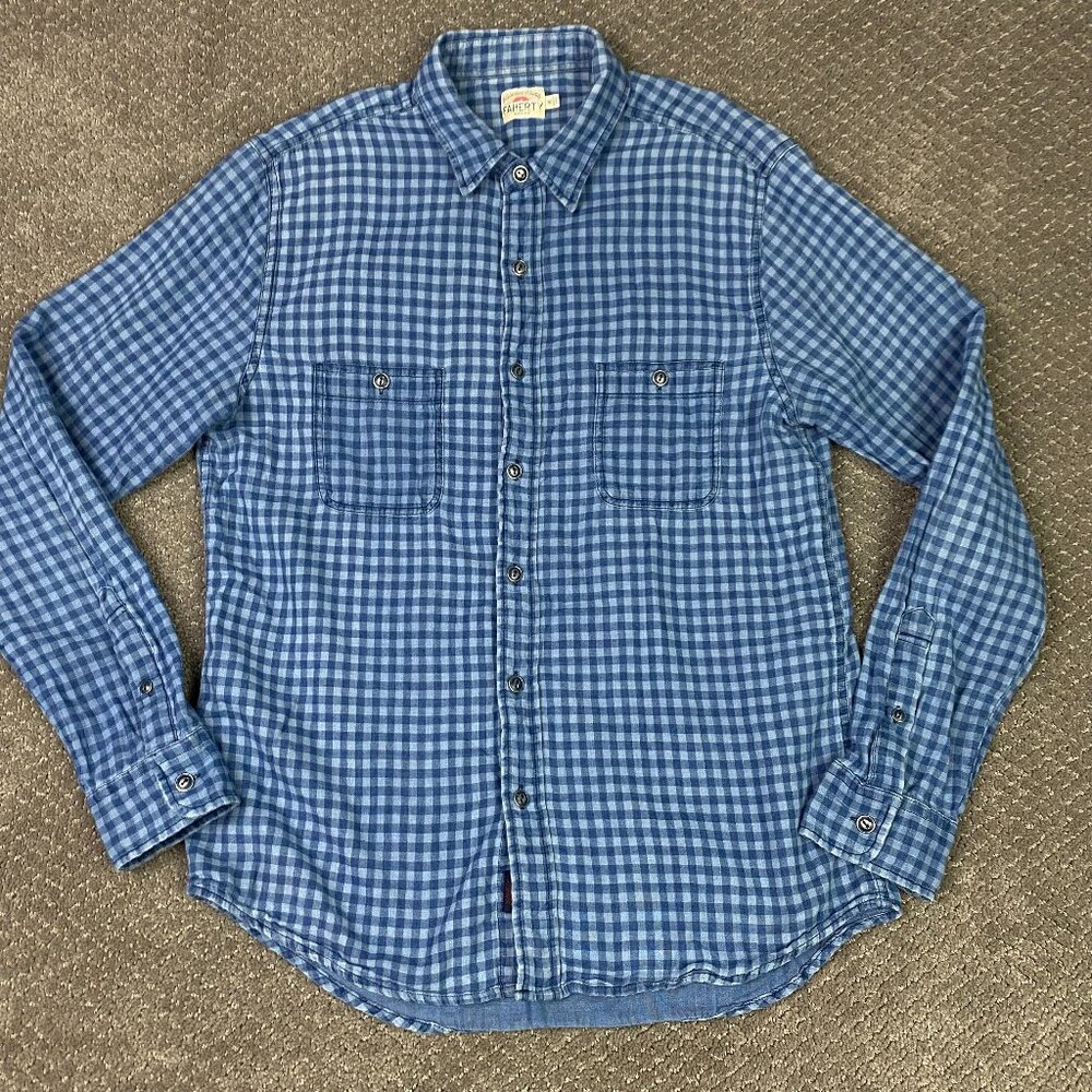 Faherty Flannel Shirt Men's Medium Blue Gingham Plaid Button Down Lightweight